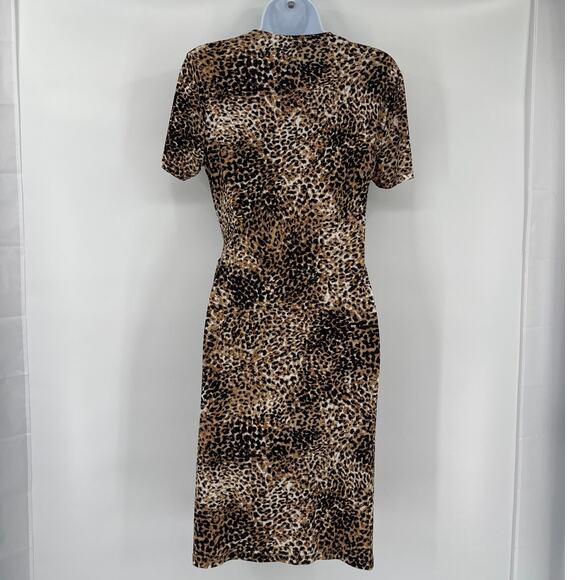 Anne Klein Leopard Faux Wrap Dress 8 Brown Y2K Mob Wife Tie Deep V-Neck Career - Picture 6 of 12